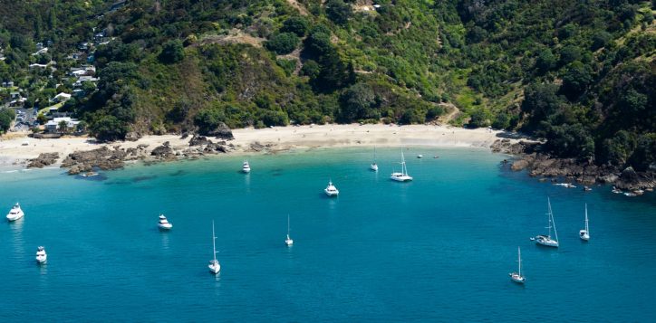 beach-on-waiheke-island-featuring-tree-covered-hills-and-houses-on-shore-and-boats-sailing-in-bright-blue-ocean-2